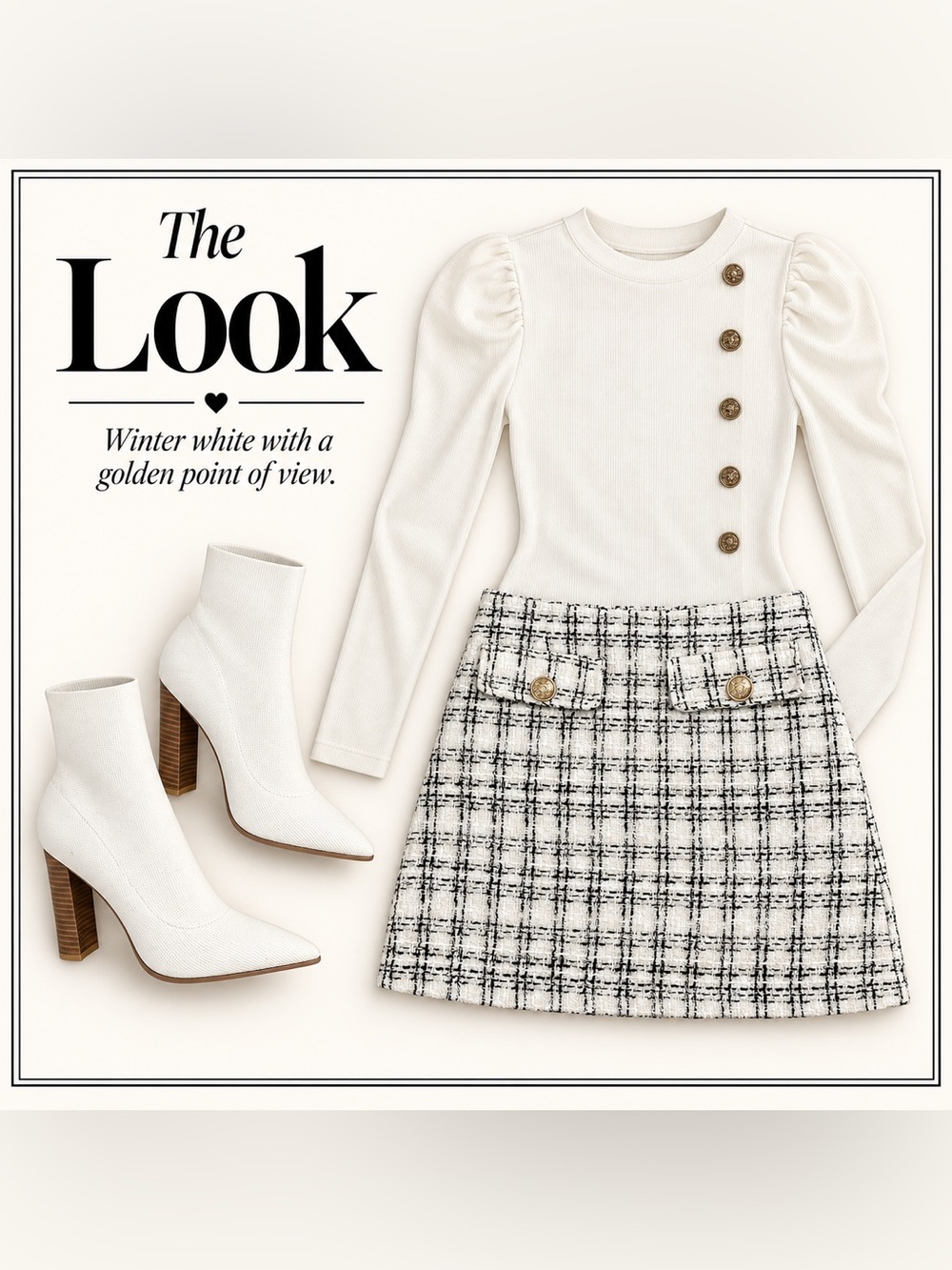 SHEIN 3-Piece Ivory Tweed Skirt Top & Pointed Booties Bundle XS 7.5
